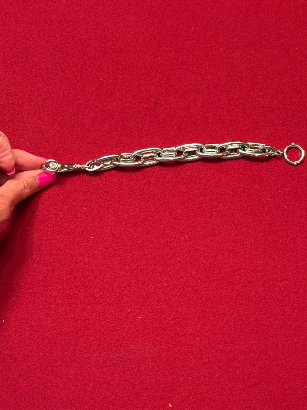 Henri Bendel Chunky Silver Tone Double Link Chain Bracelet Crystal Clasp